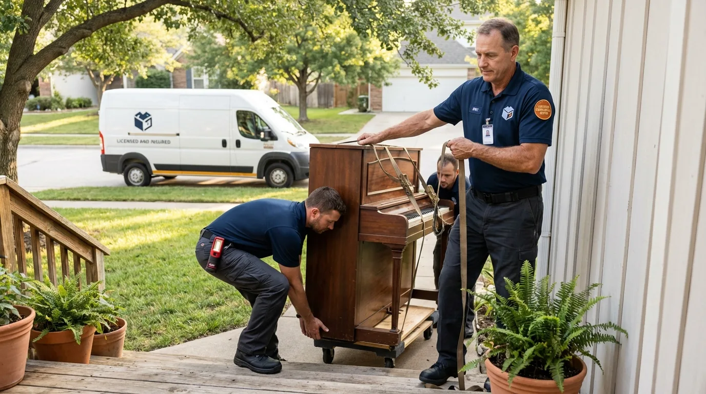 Licensed piano movers securing grand piano in Beaver, OK